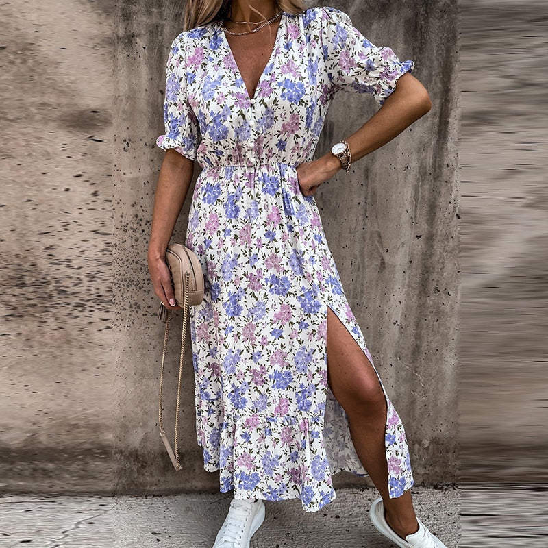 Long Elegant Floral Print Dress - AMARA