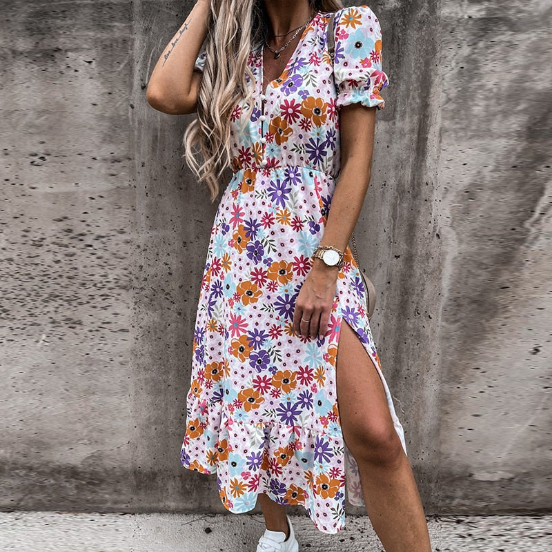 Long Elegant Floral Print Dress - AMARA