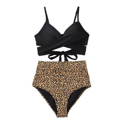 Women's Black Leopard Lace Up Two Pieces Set - FASHIONLi