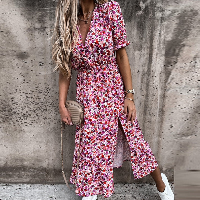 Long Elegant Floral Print Dress - AMARA