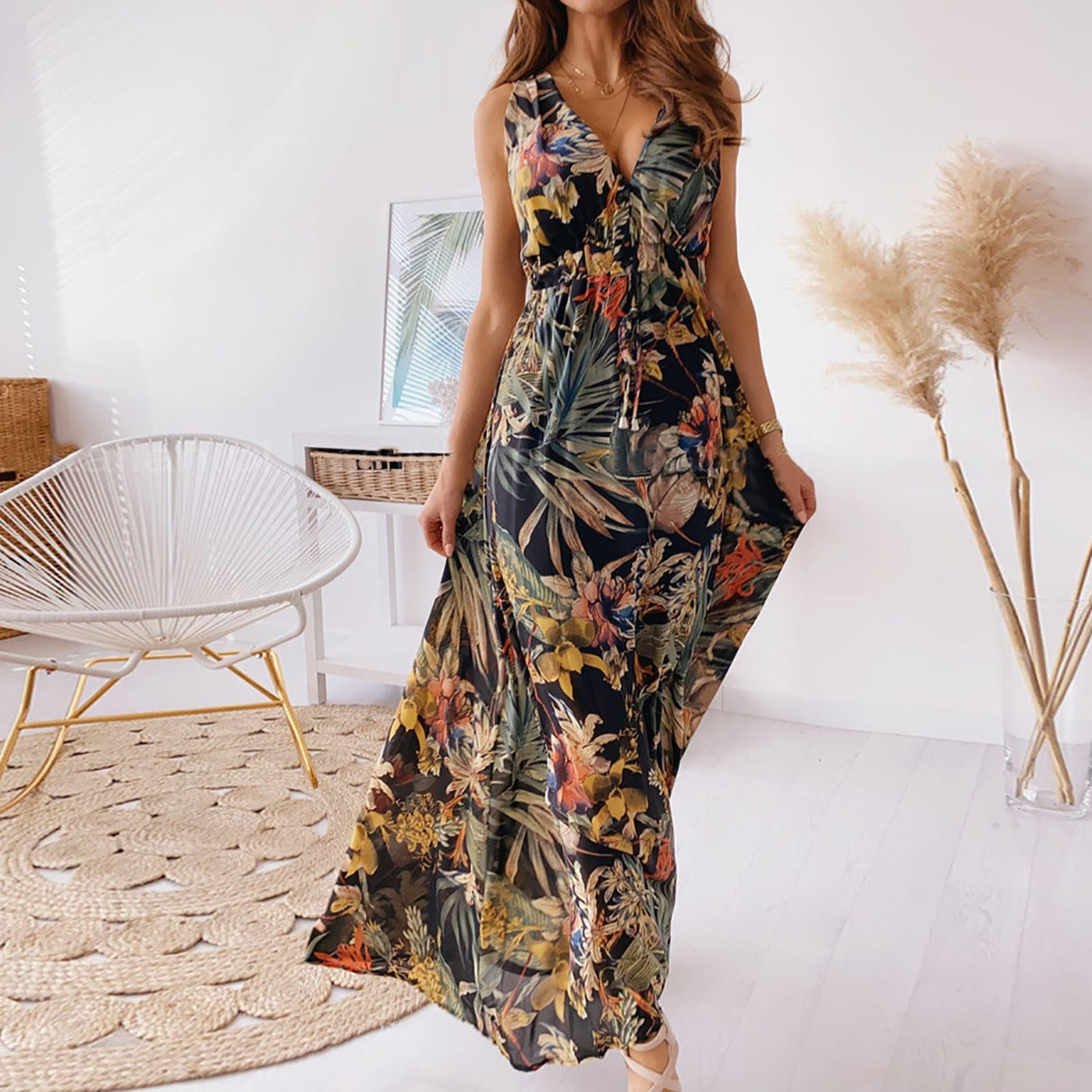 Long Floral Print Backless Dress - ADALYN