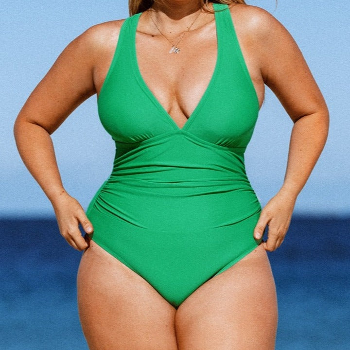 Women's Plus Size V-Neck Back Tie One Piece Swimsuit - LEANNE