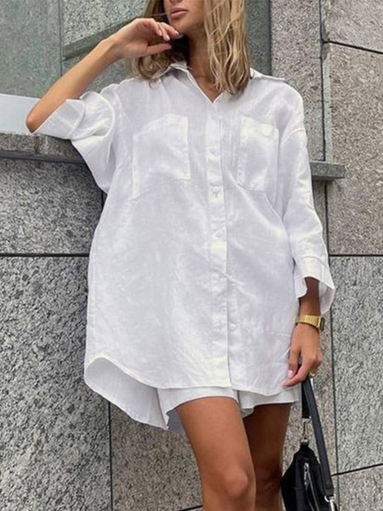 Casual Linen Shirt And High Waist Shorts - KAYLA