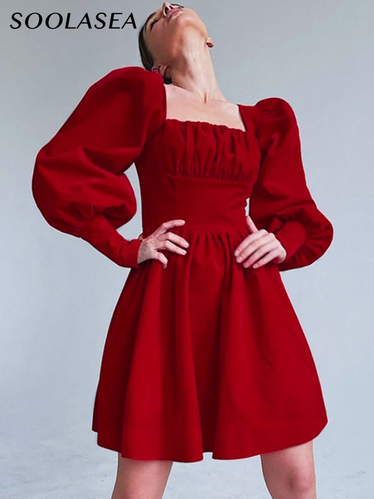 Red Velvet Dress High Waist - SOLEHN