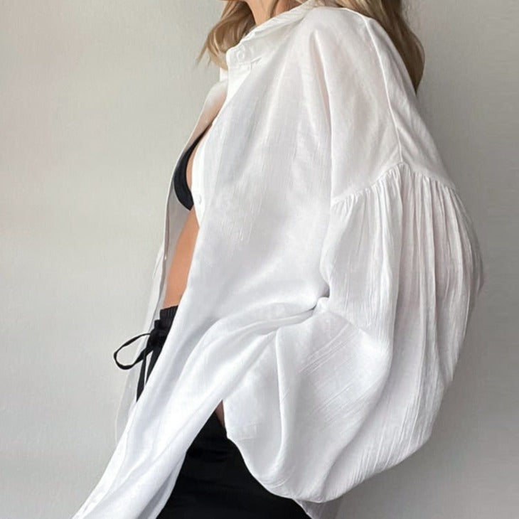 Women's Casual Lantern Sleeves White Blouses And Shirts - KIANA