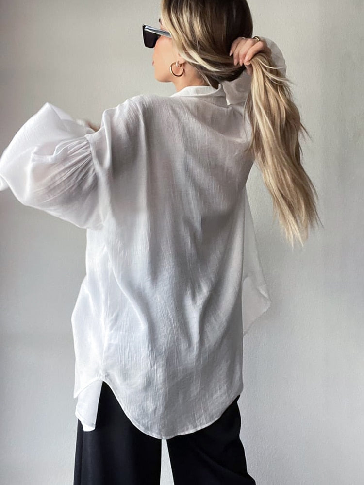 Women's Casual Lantern Sleeves White Blouses And Shirts - KIANA