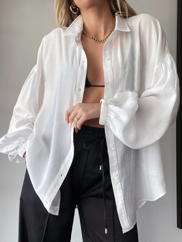 Women's Casual Lantern Sleeves White Blouses And Shirts - KIANA